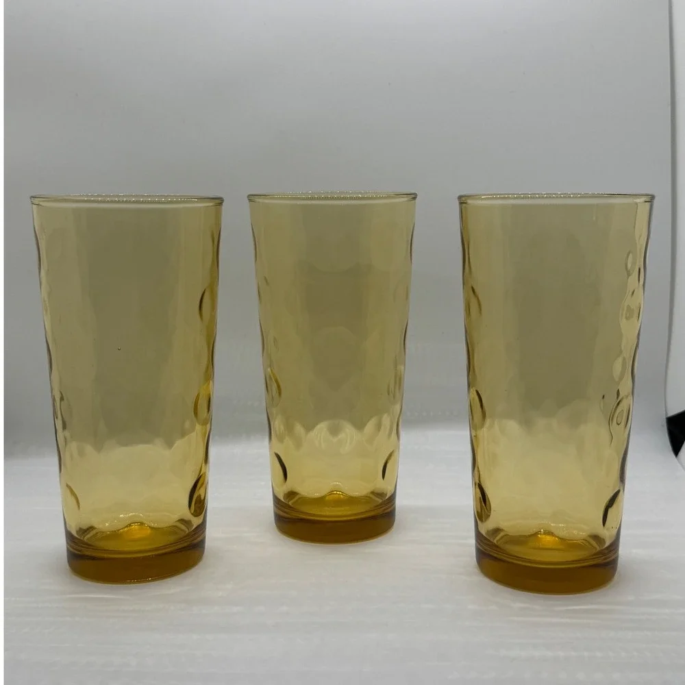 VTG Amber Eldorado Gold Hazel-Atlas Rain Drops Thumbprint Glasses Set of 3 MCM